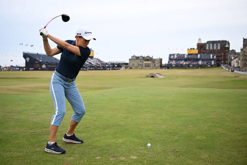 Catriona Matthew tees off on the 18th